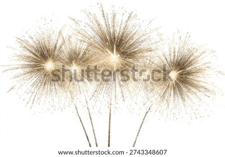 Several bursts of fireworks are exploding and sparkling against a white background.