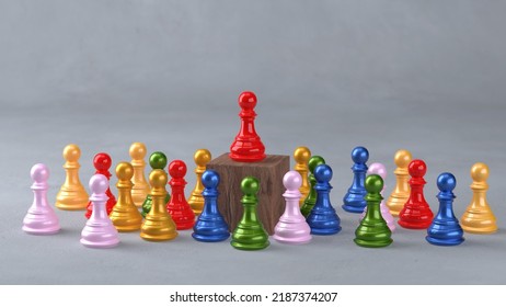 Several Colourful Chess Pieces Surround Another Red Chess Piece Standing On A Wooden Block, A Leadership Concept In An Organization That Requires An Inclusive Leader Who Is Humble, 3D Illustration