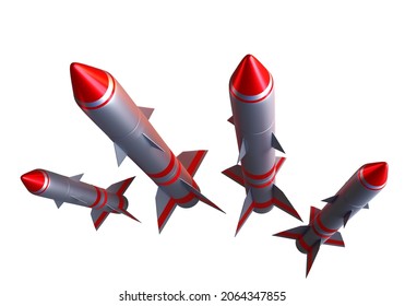 Mehrere Marschflugkörper. Satz von Raketen auf weißem Hintergrund. Einzeln Raketen in grauroter Farbe. Waffen für Luftangriffe. Raketen, die vom Flugzeug aus angegriffen werden. Visualisierung von Raketen. 3D-Darstellung.