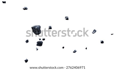 Several dark gray rocks are falling against a transparent background