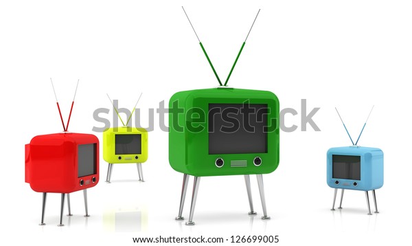 Several different\
colored retro\
televisions