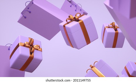 Several gifts hovering in the air in purple tones with golden candy, as well as gift bags near them, a gift for a girl - 3D rendering
