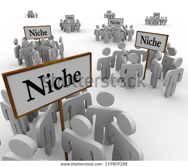 Several groups of people in niche\
markets gathered around signs gathering them into\
niches