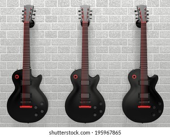 Several Guitars Hanging On A Brick Wall