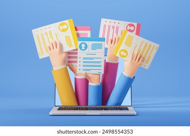 Several hands hold resumes emerging from a laptop screen on blue background. Concept of online recruitment, job applications, and HR. 3D Rendering - Powered by Shutterstock