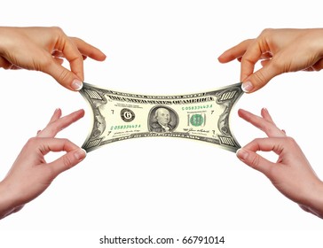 Several hands stretch of banknotes in different directions. Concept.