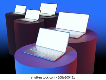 Several Laptops With White Screen. Computers With Blank Display. Laptops On Blue Background. Laptop Mockups For Your Advertising. Notepad For Software Demonstration. 3d Rendering.