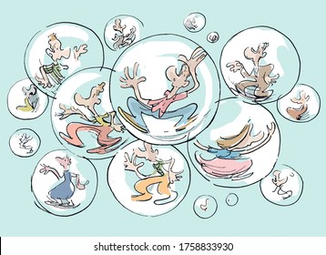 several people floating inside bubbles