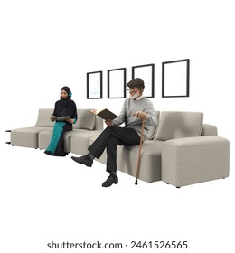 Several people relaxing on a sofa, one with a cane, reading a book. Perfect for retirement, relaxation, senior lifestyle, book club themes.
 - Powered by Shutterstock