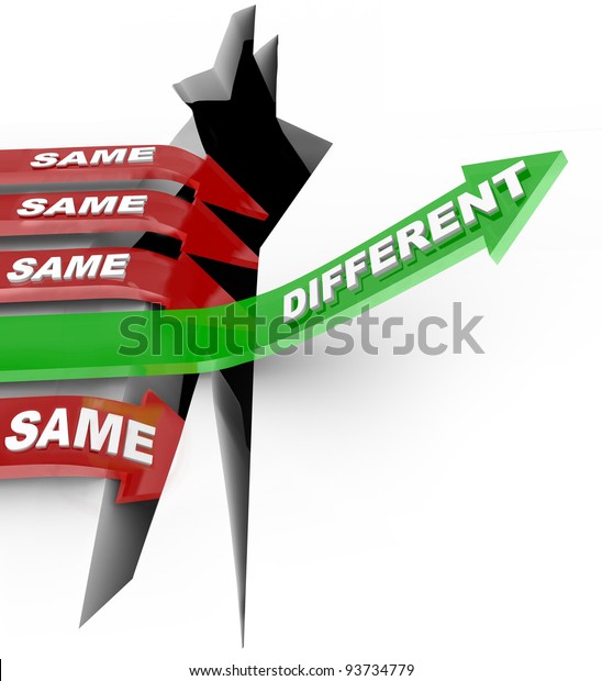 Several red arrow with the word Same fall into
an abyss but one successful green arrow with the word Different
rises to win a competition, symbolizing the power of new unique
ideas and
innovation