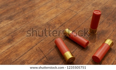 Several shotgun shells on rustic wooden background. 3D Illustration