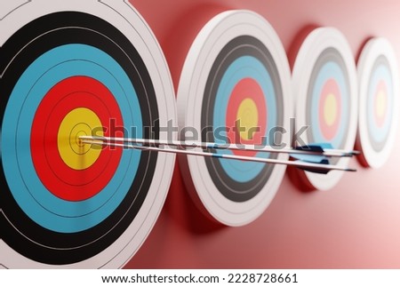 Several Target target with embedded arrows. Archery target on a red background. The concept of fulfilling the goal, striving to implement plans. 3D render, 3D illustration.