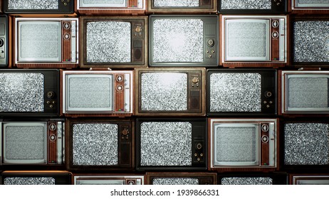 Several vintage TVs in an old building. TVs from the 70s and 80s, retro TVs with poor signal reception. Old televisions on an old table. 3D Rendering.