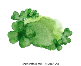 Several Watercolor Four-leaf Clovers On Abstract Paint Blot Background. Decorative Composition Isolated On White. Horizontal Banner Mockup With Copyspace. Element For St. Patrick's Day Celebration.