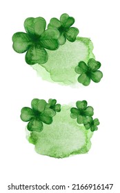 Several Watercolor Four-leaf Clovers On Abstract Paint Blots Background. Decorative Composition Isolated On White. Horizontal Banner Mockup With Copyspace. Element For St. Patrick's Day Celebration.