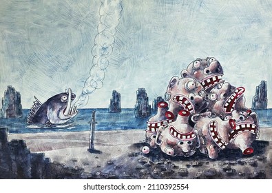 Severed Heads Lie On The Seashore, Horror Stories For Halloween, Illustration, Watercolor