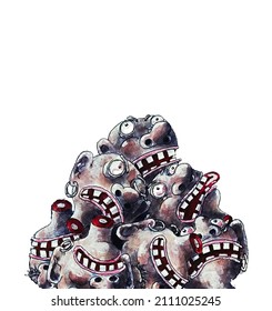 Severed Heads On A White Background, Halloween, Isolated Image, Illustration, Watercolor