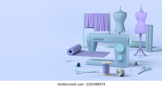 Sewing and fashion store. Tailoring shop with mannequins, fabrics, thimbles and sewing machine. Fashion designer. Copy space.  3D illustration.