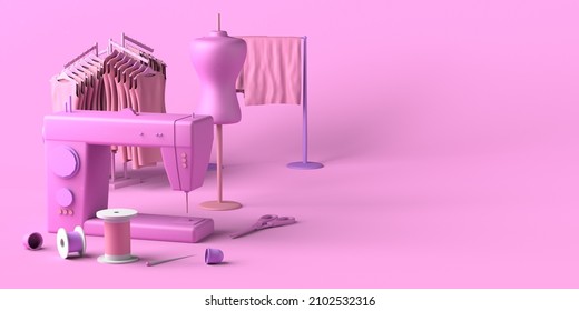 Sewing and fashion store. Tailoring shop with mannequins, fabrics, thimbles and sewing machine. Fashion designer. Copy space.  3D illustration.