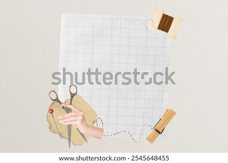 Sewing hobby grid paper background. Paper note with copy space, sewing hobby collage white desktop wallpaper background. Paper note texture white backdrop background.