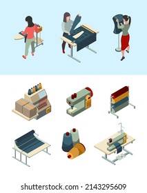 Sewing Industry. Textile Factory Craft Fabric Processes Automotive Sewing Machines People Making Clothes Industrial Workers Garish Isometric Set