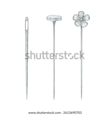 Sewing instruments set, needlework accessories. Hand drawn needles and steel straight pins in watercolor style. Embroidery graphic elements for design.