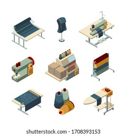 Sewing Isometric. Garment Embroidery Production Textile Manufacturing Pictures Set