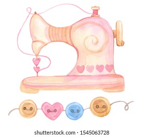 Sewing machine, threads, buttons. Cute watercolor cartoon set. Female needlework. Sewing tools isolated on a white background.