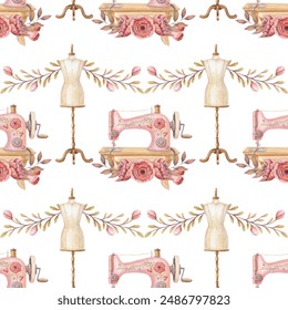 Sewing mannequin and sewing machine seamless pattern with flowers on white background. Pink and beige hand drawn watercolor sewing kit floral illustration in vintage style for fabric and paper design.