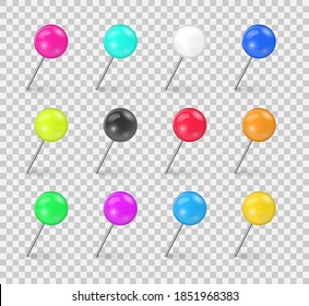 Sewing needle or plastic push pins tacks for paper notice. Set of colorful push pin tack in different foreshortening isolated on transparent background. Realistic thumbtacks. 