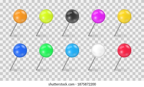 Sewing needle or plastic push pins tacks for paper notice. Set of colorful push pin tack in different foreshortening isolated on white background. Realistic thumbtacks. 