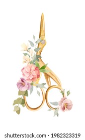 Sewing Scissors Decorated Flowers Watercolor Illustration Stock ...