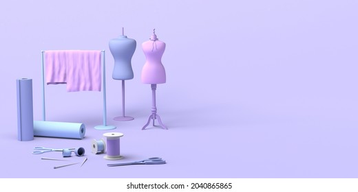 Sewing store. Tailoring shop with mannequins, fabrics, thimbles and scissors. Copy space.  3D illustration.