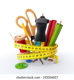 Sewing Tools At Blue Background. Fashion Design Concept