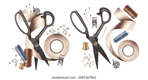 Sewing tools for needlework. Tailor's scissors, spool of satin ribbon, thread, needles, sequins, thimble, pins, presser foot. Watercolor illustration. Sewing workshop, studio, tailor, fashion designer