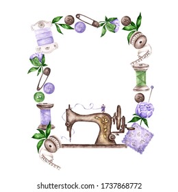 Sewing watercolor frame. Sewing kit. Border of spools of thread, buttons, peony flowers, measuring tape, needles, sewing machines. In green, purple and brown. The frame is isolated. For logos, brand