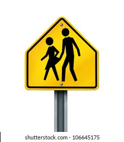 Sex Abuse In School With A Warning Sign Of A Sexual Predator Abusing And Attacking Young Innocent Student Victims As A Yellow Hazard Sign With The Criminal Act Isolated On A White Background.