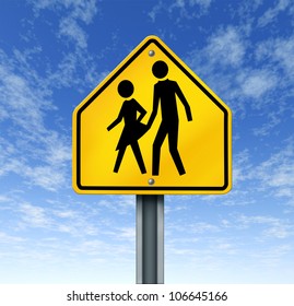 Sexual Abuse In Schools With A Warning Sign Of A Sex Predator Abusing And Attacking Young Innocent Student Victims Represented By A Yellow Hazard Sign With The Criminal Act Illustrated As A Symbol.