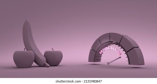 Sexual Desire Measuring Device With Arrow And Scale. Set Of Fruits. 3D Render