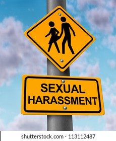 Sexual Harassment And Sex Abuse With A Yellow Street Or Highway Sign On A Blue Sky With A Woman Victim And A Man Bullying Icon In The Process Of A Physical Assault At The Workplace Or In Private.