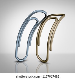 Sexual Harassment At Work And Abusive Unwanted Grabbing And Flirting At The Workplace As Office Paper Clips Representing Criminal Sex Harassing Relationship Behavior As A 3D Render.