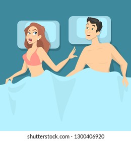 Sexual problems in bed. Man and woman arguing.
