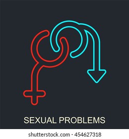 Sexual Problems  Logo On Black. Impotence Red And Blue Icon. Urology Dysfunction Symbol. Medicine And Health Background. Medical Pattern.