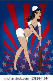 Sexy American Baseball Pin Up With Blue Outfit Baseball Bat And A Red And Blue American Background With Stars At The Bottom