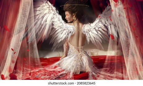 Sexy angel girl in a tent bed with red curtains, wearing white clothes with ruffles and silk underwear, gold jewelry and white wings, she is sitting with her back showing an ideal smooth body. 2d art