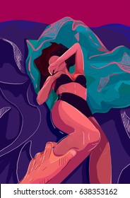 Sexy beautiful brunette woman lying in bed in sensual black lingerie with man hand on her leg in the neon light. Art illustration.