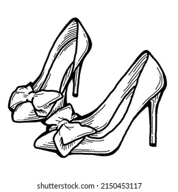 Sexy Beautiful Feminine Woman Shoes With Elegant  High Heels. Luxury Clothing Lifestyle. Disco Club 80s Romantic Fashion. Hand Drawn Retro Vintage Illustration. Old Style Comic Cartoon Line Drawing.