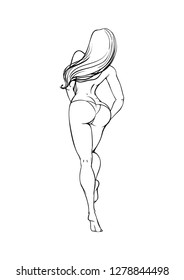 Sexy girl with an athletic figure and a beautiful booty, legs. Passionate Woman in a bikini is depicted from the back, walking wagging her buttocks, hips. Erotic sketch in black lines