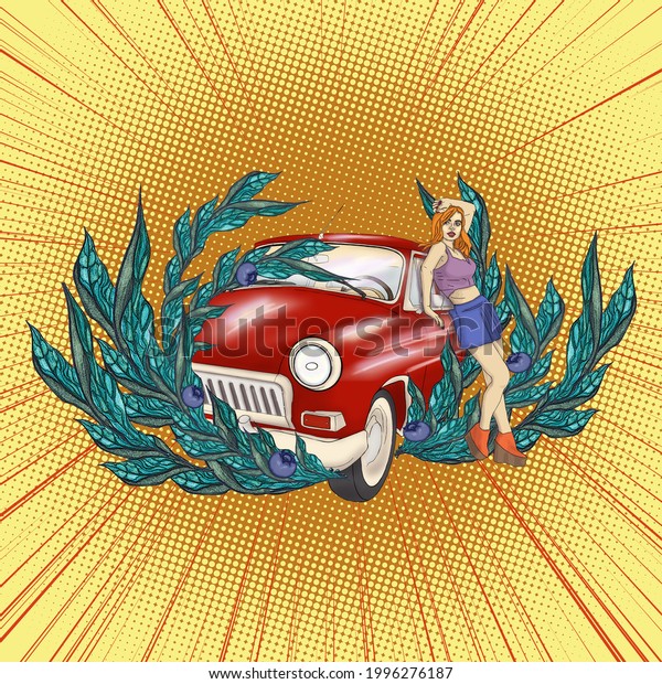 \
Sexy girl\
with red car Pop art Comic Pin up\
Retro