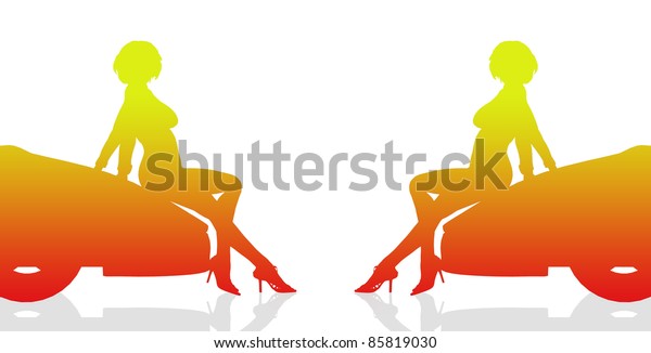 sexy girl sitting\
silhouette on car\
isolated